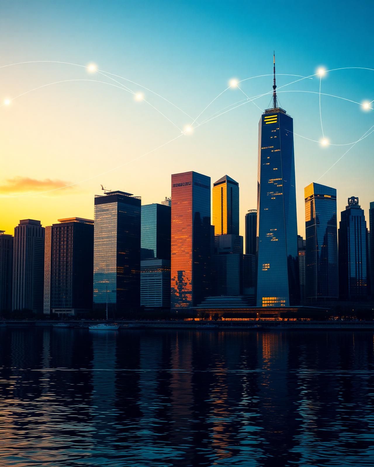 Modern glass skyscrapers of a global business district at golden-hour dusk reflected over calm water, overlaid with faint glowing arcs suggesting a worldwide network.
